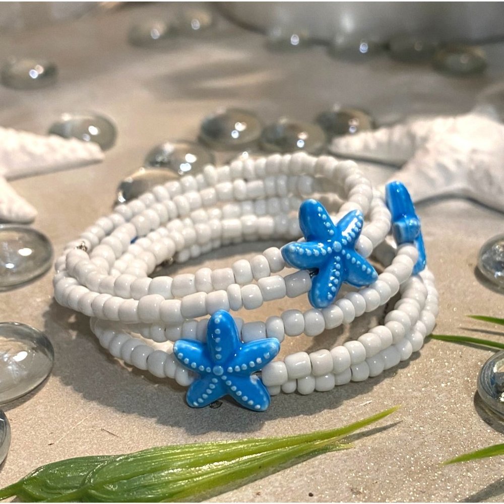 #37 White Bracelet with Blue Ceramic Starfish Charms Coil Wrap Bracelet